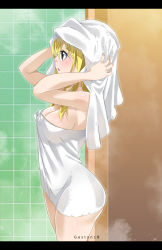 Rule 34 | 1girl, ass, bath, blonde hair, blush, breasts, brown eyes, cleavage, fairy tail, female focus, gaston18, highres, large breasts, long hair, lucy heartfilia, solo, towel