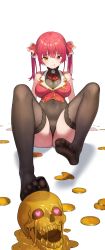 Rule 34 | 1girl, absurdres, coin, feet, heterochromia, highres, hololive, houshou marine, leotard, licking lips, long hair, looking at viewer, red eyes, red hair, see-through, see-through legwear, skull, soles, toes, tongue, tongue out, twintails, virtual youtuber, yellow eyes