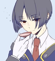 Rule 34 | 1boy, alcohol, black hair, blazblue, blazblue: central fiction, blue background, bowl cut, closed mouth, drinking, eyes visible through hair, gloves, harushika666, hibiki kohaku, holding, jacket, long sleeves, looking down, male focus, military, military uniform, necktie, short hair, simple background, smile, solo, uniform, white gloves