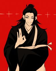 Rule 34 | 1boy, bags under eyes, black hair, black kimono, claireiosity, ear piercing, earrings, evil smile, fingernails, getou suguru, glowing, glowing eyes, hair tied, hair tied back, hand signs, highres, japanese clothes, jewelry, jujutsu kaisen, kenjaku, kimono, long hair, long sleeves, looking at viewer, ok sign, piercing, red background, scar, scar on face, scar on forehead, sleeves past wrists, smile, solo, stitches, white eyes, wide sleeves