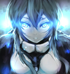 Rule 34 | 10s, 1girl, abyssal ship, blue eyes, bodysuit, breasts, close-up, eye focus, frown, glowing, glowing eyes, highres, kantai collection, leaning forward, lens flare, long hair, looking at viewer, machin, medium breasts, no headwear, pale skin, serious, silver hair, solo, upper body, wo-class aircraft carrier