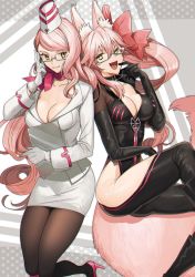 Rule 34 | 2girls, :d, animal ear fluff, animal ears, bad id, bad twitter id, black bodysuit, black gloves, bodysuit, book, bow, breasts, chromatic aberration, cleavage, collarbone, commentary request, elbow gloves, eyelashes, fang, fate/grand order, fate (series), finger to head, finger to mouth, fox ears, fox girl, fox tail, glasses, gloves, grey background, grin, hair between eyes, hair bow, hat, high heels, highres, holding, holding book, koyanskaya (assassin) (first ascension) (fate), koyanskaya (fate), koyanskaya (foreigner) (first ascension) (fate), large breasts, long hair, long sleeves, looking at another, multiple girls, none (kameko227), open mouth, pantyhose, pink bow, pink footwear, pink hair, pink scarf, scarf, shirt, side ponytail, sidelocks, skirt, smile, tail, tamamo (fate), thighhighs, tongue, white gloves, white headwear, white shirt, white skirt, yellow eyes, zipper