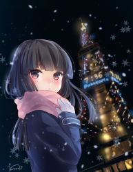 Rule 34 | 10s, 1girl, alternate costume, bad id, bad pixiv id, black eyes, black hair, blunt bangs, coat, hatsuyuki (kancolle), kantai collection, long hair, looking at viewer, nunucco, scarf, solo, tokyo tower, winter clothes, winter coat