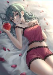 Rule 34 | 1girl, absurdres, apple, aqua eyes, aqua hair, aqua nails, bed sheet, blush, breasts, camisole, collarbone, eyeshadow, food, frilled camisole, frills, fruit, hair between eyes, hair down, hand on own chest, hatsune miku, highres, holding, holding food, holding fruit, long hair, lying, makeup, medium breasts, midriff, nail polish, navel, on back, on bed, pajamas, pale skin, parted lips, petals, pink camisole, polka dot, polka dot camisole, red apple, short shorts, shorts, sleepwear, solo, thighs, vocaloid, wolla