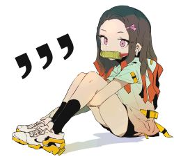 Rule 34 | 1girl, airpods, bit gag, black socks, bow, commentary, contemporary, covered mouth, ddari, earbuds, earphones, from side, gag, grey footwear, grey hair, hair bow, halftone, highres, hugging own legs, kamado nezuko, kimetsu no yaiba, legs together, looking at viewer, looking to the side, mouth hold, multicolored hair, nike (company), pink bow, pink eyes, red hair, shoes, simple background, sitting, socks, solo, two-tone hair, white background, wireless earphones