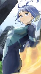 Rule 34 | 1girl, absurdres, ass, belly, blue eyes, blue hair, boku no hero academia, breasts, building, energy, fengling (furin-jp), groin, hadou nejire, highres, looking at viewer, looking to the side, medium breasts, pants, shirt, short hair, sky, skyscraper, solo, sunlight, tight clothes, tight pants, tight shirt, uniform