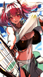 Rule 34 | 1girl, absurdres, azur lane, ball, black panties, blue sky, breasts, bremerton (azur lane), bremerton (scorching-hot training) (azur lane), cleavage, clothes lift, crop top, crop top overhang, hair between eyes, hair ornament, headgear, heart, heart necklace, highres, holding, holding racket, jewelry, large breasts, midriff, multicolored hair, navel, necklace, open mouth, panties, pink hair, pleated skirt, racket, razu (rus), red eyes, shirt, shirt lift, skirt, skirt lift, sky, sleeveless, sleeveless shirt, sportswear, stomach, streaked hair, tennis, tennis ball, tennis racket, tennis uniform, twintails, two-tone shirt, two-tone skirt, underwear, wrist cuffs, x hair ornament