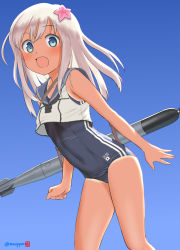 Rule 34 | 1girl, :d, artist name, black one-piece swimsuit, black sailor collar, blonde hair, blue eyes, blue sky, crop top, feet out of frame, flower, gradient sky, hair flower, hair ornament, kantai collection, long hair, looking at viewer, mu-pyon, one-piece swimsuit, one-piece tan, open mouth, ro-500 (kancolle), sailor collar, school swimsuit, sky, sleeveless, smile, solo, standing, swimsuit, swimsuit under clothes, tan, tanline, torpedo, twitter username