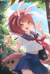Rule 34 | 1girl, absurdres, animal ears, artist request, bag, blue sailor collar, blue skirt, blue sky, brown hair, douluo dalu, hair ribbon, highres, holding food, holding ice cream, ice cream, long hair, midriff, navel, open mouth, pink eyes, pleated skirt, ponytail, rabbit ears, ribbon, sailor collar, sailor senshi uniform, school bag, second-party source, skirt, sky, solo, teeth, tree, upper teeth only, waving, xiao wu (douluo dalu)