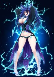 1girl, ahoge, animal ear fluff, animal ears, arms behind head, arms up, bangs, barbariank, black hair, blue hair, breasts, commentary, electricity, english commentary, eyebrows visible through hair, eyes visible through hair, full body, fur, fur collar, green eyes, hair between eyes, half-closed eyes, highres, large breasts, legs apart, looking at viewer, monster girl encyclopedia, multicolored hair, naughty face, navel, open mouth, raijuu (monster girl encyclopedia), solo, standing, streaked hair, tail, tongue, tongue out, two-tone hair