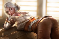 Rule 34 | 1girl, ass, bare shoulders, belt, bent over, bra, brown pants, ciri, firolian, green eyes, hair bun, highres, lips, looking at viewer, looking back, pants, pantylines, parted lips, runny makeup, short hair, silver hair, single hair bun, solo, the witcher (series), the witcher 3, underwear