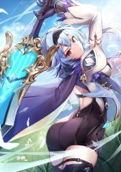 Rule 34 | 1girl, arms up, ass, black hairband, blue cape, blue gloves, blue hair, blurry, bodystocking, breasts, cape, claymore (sword), closed mouth, depth of field, eula (genshin impact), genshin impact, gloves, grass, hairband, highres, holding, holding weapon, large breasts, long sleeves, looking at viewer, looking back, medium hair, outdoors, red eyes, solo, thighs, weapon, yutoriko (candy0905)