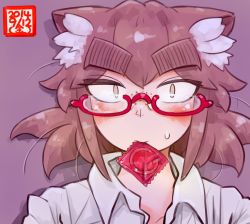 Rule 34 | 1girl, animal ears, bespectacled, brown hair, cat ears, condom, condom in mouth, condom wrapper, dated, eyebrows, freckles, glasses, looking at viewer, mouth hold, original, red-framed eyewear, san mamiya, semi-rimless eyewear, short hair, slit pupils, solo, sweatdrop, thick eyebrows, under-rim eyewear