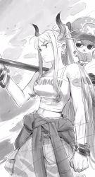 Rule 34 | 1boy, 1girl, bare shoulders, clenched hands, closed mouth, clothes around waist, club, club (weapon), crop top, earrings, edpan, greyscale, hair ornament, hair stick, hat, highres, holding, holding weapon, horns, jacket, jacket around waist, jewelry, kanabou, long hair, monochrome, navel, one piece, pants, ponytail, shirt, shoulder tattoo, standing, tattoo, tony tony chopper, weapon, yamato (one piece)