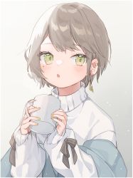 Rule 34 | 1girl, :o, absurdres, blush, brown hair, commentary, cup, ear piercing, earrings, gradient background, green eyes, green nails, grey background, hands up, highres, holding, holding cup, jewelry, long sleeves, looking at viewer, mokyuko, mug, nail polish, original, parted lips, piercing, puffy long sleeves, puffy sleeves, sleeves past wrists, solo, sweater, symbol-only commentary, turtleneck, turtleneck sweater, upper body, white background, white sweater