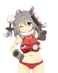 Rule 34 | 1girl, ahoge, blue eyes, blush, breasts, clothes writing, cowboy shot, grey hair, hand on own hip, highres, large breasts, navel, one eye closed, original, panties, parted lips, red panties, ryo mizuse, short hair, simple background, smile, solo, teeth, underwear, v, white background
