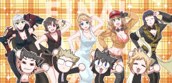 Rule 34 | 4boys, 5girls, :3, animal ears, aranea highwind, armor, bad id, bad pixiv id, black hair, blonde hair, blue eyes, bra, breasts, brown hair, carnival phantasm, cat ears, chibi, cidney aurum, cleavage, closed eyes, cropped jacket, dancing, dress, expressionless, final fantasy, final fantasy xv, flat chest, gentiana, gladiolus amicitia, goggles, goggles around neck, green eyes, hat, ignis scientia, iris amicitia, large breasts, looking at viewer, lunafreya nox fleuret, multiple boys, multiple girls, noctis lucis caelum, one eye closed, open mouth, parody, prompto argentum, silver hair, sleeveless, sleeveless dress, smile, spiked hair, tattoo, topless male, underwear, unzipped, yz cafe