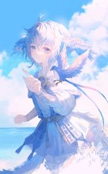 Rule 34 | 1girl, absurdres, ahoge, bird, bird girl, bird legs, bird tail, bird wings, blue bird, blue capelet, blue eyes, blue gemstone, blue hair, blue sky, blue theme, brooch, capelet, chinese commentary, cloud, commentary request, cowboy shot, dated, day, dress, feathered wings, final fantasy, final fantasy xiv, from side, gem, hand up, head wings, highres, horizon, jewelry, jun yu, looking at viewer, meteion, monster girl, ocean, outdoors, sash, short hair, signature, sky, smile, solo, standing, tail, tassel, water, white dress, wings