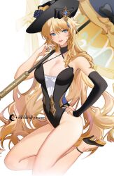 Rule 34 | 1girl, adapted costume, bare legs, bare shoulders, black headwear, black one-piece swimsuit, blonde hair, blue eyes, blue nails, breasts, cleavage, commentary, detached sleeves, genshin impact, halterneck, high heels, highres, large breasts, long hair, nail polish, navia (genshin impact), nevercrymoon, one-piece swimsuit, single sleeve, solo, swimsuit, thighs, very long hair