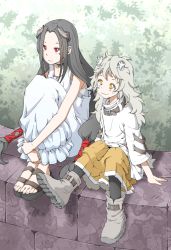 Rule 34 | 2girls, ankle boots, bare arms, belt collar, black legwear, boots, collar, dress, feet together, frilled dress, frills, green hair, grey footwear, highres, horns, legs together, long hair, multiple girls, original, own hands together, red eyes, sandals, shirt, shoe soles, sitting on wall, skirt, sleeveless, smile, tagme, user yyzv8834, vegetation, very long hair, white dress, white shirt, yellow eyes, yellow skirt