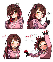 Rule 34 | 1girl, android, blush, breasts, brown hair, clenched teeth, closed eyes, closed mouth, crying, ddolbang, gradient hair, hair between eyes, highres, hololive, hood, hoodie, long hair, long sleeves, mechanical arms, medium breasts, multicolored hair, multiple views, one eye closed, open mouth, pink hair, pink hoodie, roboco-san, roboco-san (hoodie), short hair, smile, solo, teeth, upper body, virtual youtuber, white background, yellow eyes