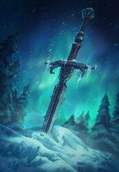Rule 34 | aurora, gwent (game), highres, icicle, night, no humans, non-web source, outdoors, pine tree, planted, planted sword, planted weapon, snow, sword, the witcher (series), tree, weapon