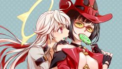 Rule 34 | 2girls, black hair, breasts, candy, spiked halo, fingerless gloves, food, glasses, gloves, guilty gear, guilty gear xrd, halo, hat, i-no, jack-o&#039; valentine, large breasts, lollipop, long hair, multicolored hair, multiple girls, red eyes, red hair, red hat, shinzou, sunglasses, tinted eyewear, two-tone hair, underboob, upper body, white hair, witch hat, yellow-tinted eyewear, yellow-tinted glasses