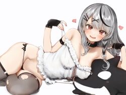 Rule 34 | 1girl, bare shoulders, black collar, black gloves, black hair, black panties, black thighhighs, blush, braid, breasts, camisole, collar, fingerless gloves, frilled camisole, frills, gloves, grey hair, hair ornament, highres, hololive, long hair, looking at viewer, lying, medium breasts, multicolored hair, nanashi (nlo), no pants, on side, open mouth, panties, pulling own clothes, red eyes, sakamata chloe, sakamata chloe (1st costume), side-tie panties, simple background, single braid, smile, solo, strap pull, streaked hair, stuffed orca, thighhighs, torn clothes, torn thighhighs, underwear, virtual youtuber, white background, white camisole, x hair ornament
