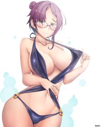 Rule 34 | 1girl, absurdres, areola slip, artist name, bare arms, bare shoulders, black-framed eyewear, black one-piece swimsuit, blush, breasts, cleavage, closed mouth, clothes pull, collarbone, cowboy shot, curvy, eioh (grand sphere), glasses, grand sphere, green eyes, groin, hair bun, hair over one eye, hand on own stomach, hand up, heterochromia, highres, jay87k, large breasts, legs together, looking at viewer, navel, o-ring, o-ring swimsuit, one-piece swimsuit, one-piece swimsuit pull, pink lips, pulling own clothes, purple eyes, purple hair, round eyewear, shiny skin, short hair, side bun, single side bun, smile, solo, standing, stomach, swimsuit, thick thighs, thighhighs, thighs, wide hips