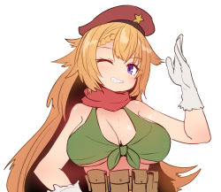 Rule 34 | 1girl, ak-47 (girls&#039; frontline), bare shoulders, belt, blush, bra, braid, breasts, commentary request, girls&#039; frontline, gloves, green bra, grin, hair flaps, hand up, hat, large breasts, long hair, looking at viewer, one eye closed, orange hair, pouch, purple eyes, red hat, simple background, smile, solo, sumiyao (amam), underwear, upper body, waving, white background, white gloves