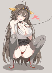 Rule 34 | 10s, 1girl, ahoge, bad id, bad pixiv id, bare shoulders, bdsm, beige background, blush, boots, breasts, brown hair, cleavage, collar, double bun, drop shadow, hair bun, hair ornament, hairband, heart, heart-shaped pupils, highleg, highleg panties, kantai collection, kongou (kancolle), large breasts, leash, long hair, looking at viewer, mx2j, no skirt over shorts, nontraditional miko, panties, red panties, simple background, skirt, solo, spoken heart, squatting, symbol-shaped pupils, thigh boots, thighhighs, torn clothes, torn skirt, underwear, very long hair