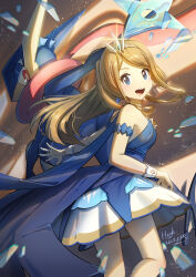 Rule 34 | 1girl, :d, blonde hair, blue dress, blue eyes, commentary request, creatures (company), dated, dress, eyelashes, game freak, gen 6 pokemon, greninja, highres, hooh lin, long hair, looking at viewer, nintendo, official alternate costume, open mouth, outstretched arm, pokemon, pokemon (creature), pokemon masters ex, serena (champion) (pokemon), serena (pokemon), shuriken, signature, smile, teeth, tiara, tongue, upper teeth only, weapon, wrist cuffs