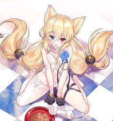 Rule 34 | 1girl, animal ears, bare shoulders, black gloves, blonde hair, blue eyes, blue flower, blue rose, blush, bowl, breasts, checkered floor, choker, dress, fang, flower, frilled choker, frills, from above, g41 (girls&#039; frontline), girls&#039; frontline, gloves, hair between eyes, hair ornament, hair over shoulder, heterochromia, highres, long hair, looking at viewer, maett, navel, no shoes, open clothes, open dress, open mouth, panties, pet bowl, pet food, red eyes, reflection, rose, short dress, sidelocks, single thighhigh, sitting, skindentation, small breasts, smile, solo, stomach, thigh strap, thighhighs, thighs, twintails, underwear, very long hair, white dress, white panties, yokozuwari