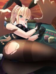 2girls animal_ears asakura_karen_(heaven_burns_red) ass between_breasts black_leotard black_pantyhose blonde_hair braid breasts casino casino_card_table cuffs fake_animal_ears fake_tail female_pov green_eyes half_up_braid handcuffs heaven_burns_red highres leotard long_hair multiple_girls pantyhose playboy_bunny poker poker_chip ponytail pov rabbit_ears rabbit_tail strapless strapless_leotard table tail terulion1192 torn_clothes torn_pantyhose toujou_tsukasa yuri