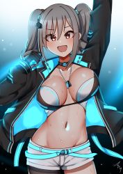 Rule 34 | 1girl, :d, absurdres, arm up, black gloves, black thighhighs, blush, breasts, drill hair, gloves, grey hair, highres, idolmaster, idolmaster cinderella girls, jacket, jewelry, kanzaki ranko, large breasts, mabanna, navel, necklace, open mouth, purple eyes, shorts, smile, solo, sweat, thighhighs, twin drills