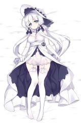 Rule 34 | 1girl, anchor, arms at sides, azur lane, bad id, bad pixiv id, bare shoulders, between breasts, blue eyes, blunt bangs, blush, breasts, cleavage, closed mouth, dakimakura (medium), detached collar, dress, elbow gloves, from above, full body, garter straps, gloves, gluteal fold, hat, head tilt, highres, illustrious (azur lane), large breasts, long hair, looking at viewer, low-tied long hair, lying, mole, mole under eye, no shoes, on back, panties, see-through, smile, solo, sun hat, tama (tamatamo), thighhighs, underwear, very long hair, white dress, white gloves, white hat, white panties, white thighhighs