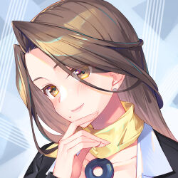 Rule 34 | 1girl, ace attorney, blush, brown hair, bucchake (asami), closed mouth, collarbone, earrings, hair intakes, jewelry, long hair, mia fey, mole, mole under mouth, portrait, smile, solo, swept bangs, yellow eyes