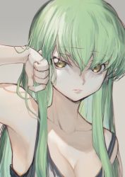 Rule 34 | armpits, beige background, black tank top, breasts, c.c., cleavage, code geass, collarbone, commentary, creayus, english commentary, green hair, hand on own cheek, hand on own face, long hair, looking to the side, sweat, tank top, yellow eyes