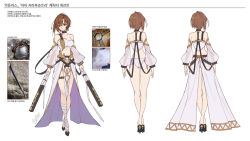 Rule 34 | 1girl, adapted costume, ai zarathustra, arcturus, ass, back, black choker, black footwear, breasts, brown hair, choker, closed mouth, commentary request, crossed legs, detached sleeves, dual wielding, foot wraps, full body, high heels, holding, holding weapon, korean text, kyuri (suika), long skirt, looking at viewer, medium breasts, multiple views, navel, panties, red eyes, reference inset, see-through, see-through sleeves, short hair, signature, simple background, skirt, strapless, translation request, tube top, underwear, weapon, white background, white panties, white skirt, white sleeves, white tube top