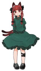 Rule 34 | 1girl, :3, ane, animal ears, arms behind back, black bow, bow, braid, cat ears, cat tail, dress, extra ears, green dress, highres, kaenbyou rin, leg ribbon, looking at viewer, mary janes, multiple tails, pointy ears, puffy sleeves, red eyes, red hair, ribbon, shoes, simple background, slit pupils, solo, standing, tail, touhou, twin braids, two tails, white background