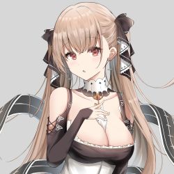 Rule 34 | 1girl, azur lane, bare shoulders, black dress, black ribbon, breasts, cross, cross earrings, detached collar, dress, earrings, flight deck, formidable (azur lane), grey background, hair ribbon, hand on own chest, highres, jewelry, large breasts, light brown hair, looking at viewer, neritic squid, red eyes, ribbon, simple background, twintails, two-tone dress, upper body