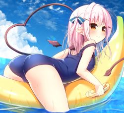 Rule 34 | 1girl, ass, banana boat, bare arms, bare shoulders, blue one-piece swimsuit, blue sky, blush, bow, brown eyes, brown wings, closed mouth, cloud, commentary request, day, demon girl, demon tail, demon wings, detached wings, green bow, hair between eyes, hair bow, hair ornament, hanamiya natsuka, holding, inflatable toy, long hair, looking away, looking to the side, mini wings, one-piece swimsuit, original, outdoors, pink hair, sidelocks, sky, smile, solo, strap slip, striped, striped bow, swimsuit, tail, wings, x hair ornament