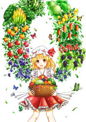 Rule 34 | 1girl, :d, apple, ascot, banana, basket, blonde hair, blueberry, blush, bug, butterfly, cowboy shot, crystal, eggplant, flandre scarlet, food, frilled shirt collar, frilled skirt, frills, fruit, grapes, hat, hat ribbon, highres, holding, holding basket, insect, leaf, lemon, looking at viewer, mango, melon, mob cap, open mouth, orange (fruit), plant wings, puffy short sleeves, puffy sleeves, red eyes, red ribbon, red skirt, ribbon, short sleeves, side ponytail, skirt, smile, solo, strawberry, torinari (dtvisu), touhou, watermelon, white background, wings