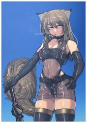 animal_ears bare_shoulders bell black_thighhighs blue_eyes breasts cb_(c-board) choker cleavage elbow_gloves gloves highres long_hair medium_breasts midriff navel original see-through_clothes skirt tail thighhighs umbrella zettai_ryouiki