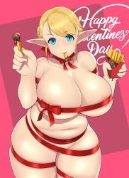 Rule 34 | 1girl, absurdres, altronage, blonde hair, blue eyes, braid, breasts, chocolate, cleavage, eating, elf-san wa yaserarenai., erufuda-san, eyelashes, female focus, food, french fries, highres, holding, holding food, huge breasts, large breasts, looking at viewer, parted bangs, plump, pointy ears, short hair, simple background, skindentation, solo, thick thighs, thighs, valentine, wide hips