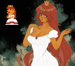 1girl absurdres alternate_costume alternate_hair_color alternate_hairstyle alternate_skin_color breasts brown_hair cleavage colored_skin crown dress food fruit highres long_hair looking_at_viewer mario_(series) meme mini_crown nintendo orange_skin peach princess_peach princess_toadstool_redraw_(meme) solo super_mario_bros._1 white_dress yiiande