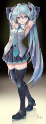 Rule 34 | 1girl, absurdres, aqua eyes, aqua hair, aqua necktie, armpits, arms behind head, arms up, bare shoulders, black skirt, black sleeves, black thighhighs, boots, commentary, detached sleeves, english commentary, full body, grey shirt, hair ornament, hatsune miku, headphones, headset, highres, long hair, looking to the side, miniskirt, muscular, necktie, open mouth, shirt, signature, skirt, sleeveless, sleeveless shirt, solo, takepon1123, thigh boots, thighhighs, twintails, very long hair, vocaloid, zettai ryouiki