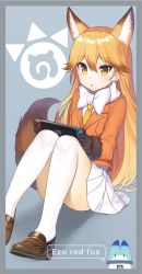 Rule 34 | 10s, 1girl, animal ears, blonde hair, blush, bow, brown eyes, brown footwear, brown gloves, character name, commentary request, ezo red fox (kemono friends), fox ears, fox girl, fox tail, fur-trimmed sleeves, fur trim, gloves, gradient legwear, hair between eyes, handheld game console, highres, holding, holding handheld game console, jacket, japari symbol, kemono friends, loafers, long hair, long sleeves, looking at viewer, lucky beast (kemono friends), multicolored clothes, multicolored legwear, necktie, nintendo switch, orange jacket, pantyhose, parted lips, pleated skirt, shirt, shoes, sidelocks, sitting, skirt, solo focus, tail, very long hair, white bow, white pantyhose, white shirt, white skirt, yada (xxxadaman), yellow neckwear, yellow pantyhose