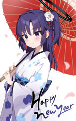 Rule 34 | 1girl, absurdres, blue archive, happy new year, highres, japanese clothes, kimono, loloco, medium hair, new year, parasol, purple eyes, purple hair, simple background, smile, solo, umbrella, yuuka (blue archive)