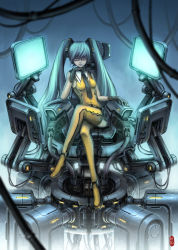 Rule 34 | 1girl, aqua eyes, aqua hair, boots, cable, head rest, computer, dying breed, glasses, gloves, hatsune miku, jianran pan, legs, crossed legs, lips, long hair, monitor, necktie, sitting, skirt, solo, thigh boots, thighhighs, twintails, very long hair, vocaloid